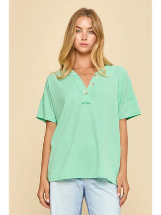 Andree by Unit Waffle Knit Henley Top - Cascade Mint
