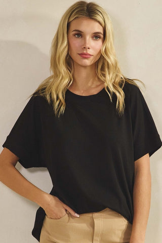Yelete Everyday Soft Ribbed Loose Fit Short Sleeve Top Black