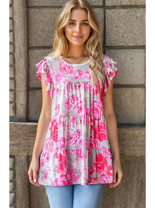 Heimish - Butterfly Sleeve Multi Color Floral Tiered Top - Beige