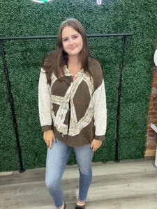 POL Long Sleeve Double Gauze Peace Print Patch Shirt Top