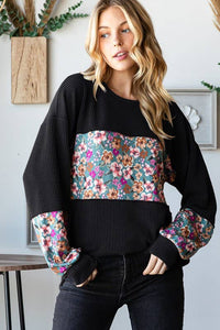 HEIMISH - LONG PUFF SLEEVE SOLID URBAN RIBBED AND FLORAL TOP