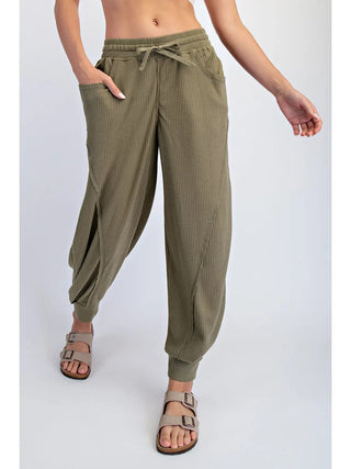 Rae Mode Waffle Knit Drawstring Jogger Pants Olive
