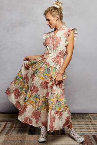 POL Patchwork Floral Tiered Maxi Dress Peach Floral