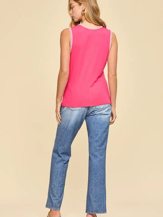 Dear Scarlett - Embroidered Stitching Detail Sleeveless Top - Hot Pink