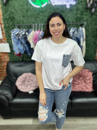 Sew In Love Short Sleeve Top with Denim Pocket - White