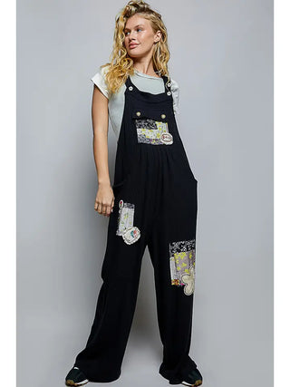 Pol - Textured Knit Patchwork Straight Leg Overalls