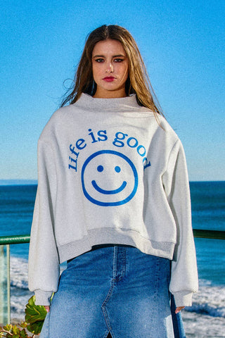 BUCKETLIST Exactly Where you Need to Be Reversible Graphic Mock-Neck Crop Sweatshirt