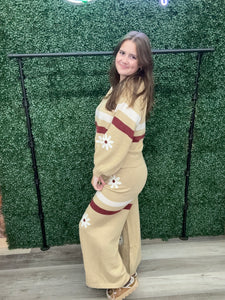 POL Floral Patch Colorblock Stripe Point Rib Band Sweater Pants