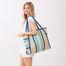 Load image into Gallery viewer, Straw Tote Bag With Multi Color Stripes
