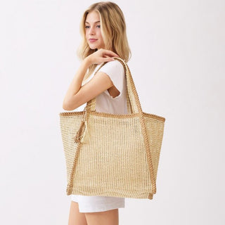 Two Tone Woven Straw Tote Bag With Tassel
