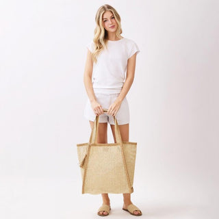 Two Tone Woven Straw Tote Bag With Tassel