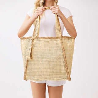Two Tone Woven Straw Tote Bag With Tassel