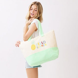 "Hello Summer" & Pineapple Print Terry Cloth Tote Bag