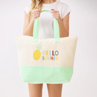 "Hello Summer" & Pineapple Print Terry Cloth Tote Bag