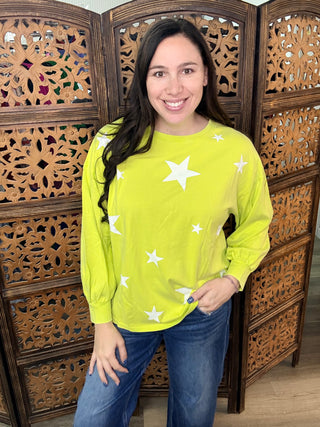 Easel - Lime Star Printed Washed Top