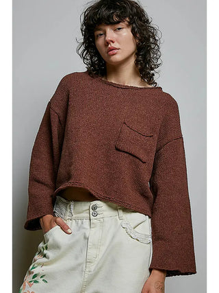 Pol Clothing - Chest Pocket Cropped Knit Sweater - Chocolate