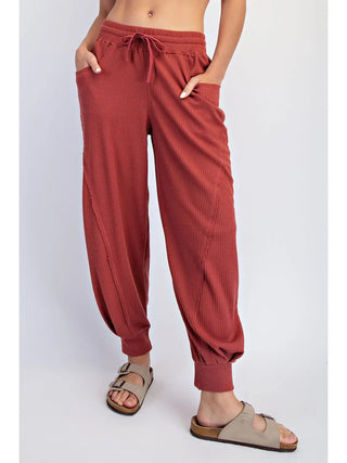 Rae Mode Waffle Knit Drawstring Jogger Pants Brick