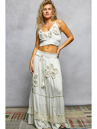 POL- Smocked Waist Ruffle Embroidered Fringe Long Skirt