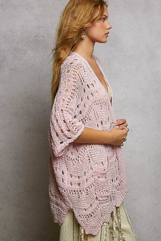 Pol Blush Open-Knit Crochet Pocket Cardigan