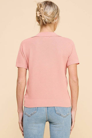Allie Rose - Fine Gauge Short Sleeve Textured Polo- Vintage Coral