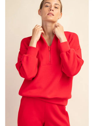 Rae Mode Half-Zip Lounge Pullover – Relaxed Fit Comfort Top Red