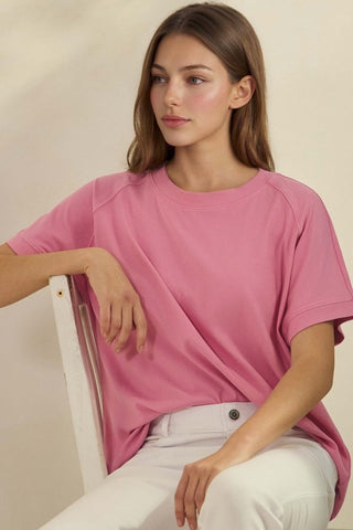 Yelete Everyday Soft Ribbed Loose Fit Short Sleeve Top Pink
