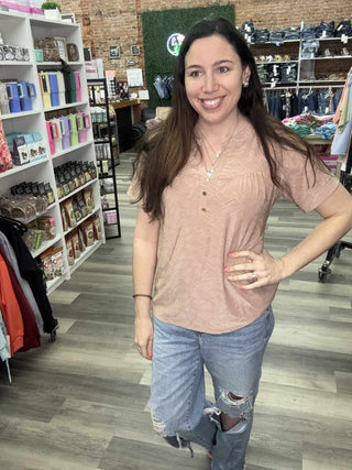 Sew In Love 1/4 Button V Neck Short Sleeve Blouse