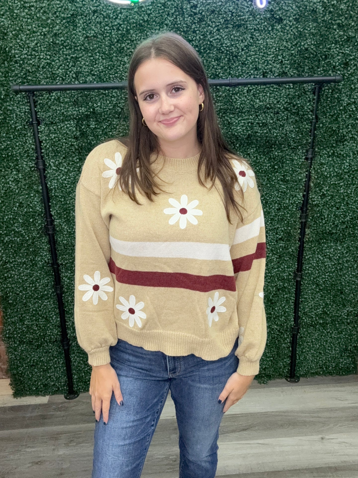 POL Round Neck Floral Patch Colorblock Stripe Point Sweater Top