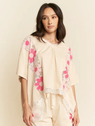 Davi & Dani - Beige Floral Patchwork Detail Short Sleeve Top
