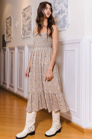 BUCKETLIST - Smocked Bodice Tube Top Midi Dress - Light Olive