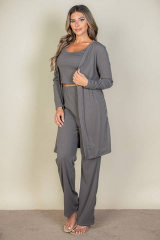 3 Piece Ribbed Lounge Set | Cardigan Tank Top Pants | Women's Matching Set -Grey