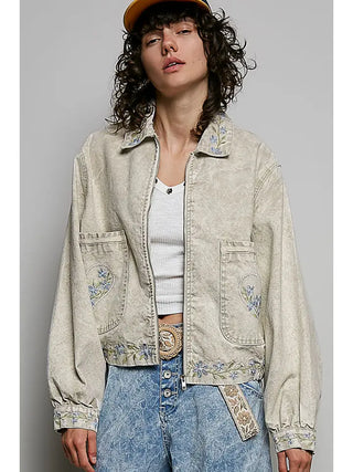 Pol Clothing - Zip Front Embroidery Cropped Woven Jacket