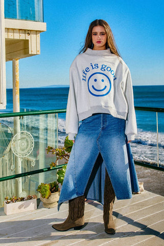 BUCKETLIST Exactly Where you Need to Be Reversible Graphic Mock-Neck Crop Sweatshirt