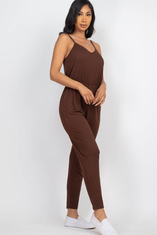 Capella Apparel - Solid Spaghetti Strap Jumpsuit - Coffee