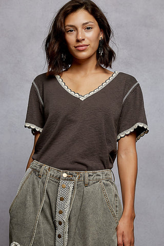 Pol Lace Trim V-Neck Short Sleeve Tee