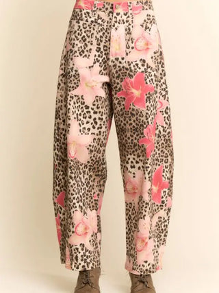 Davi & Dani - Leopard Floral Print Relaxed Wide Leg Pants