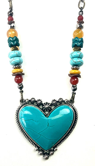 Lost & Found Trading - SE697 NK SHORT BEADED W/BEZELED TURQ HEART PENDANT