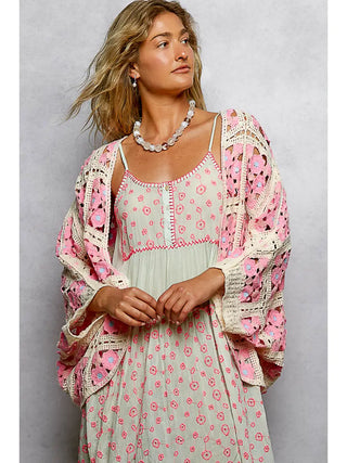POL Pink Floral Crochet Kimono Cardigan – Boho Lightweight Layer