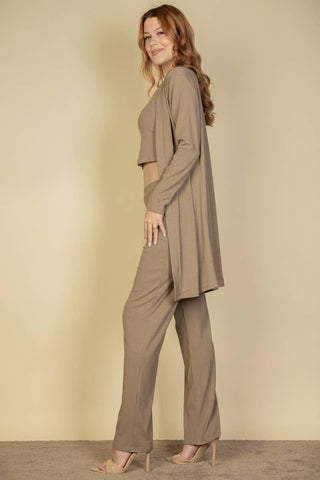 3 Piece Ribbed Lounge Set | Cardigan Tank Top Pants | Women's Matching Set -Grey