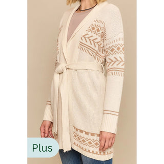 Tribal Print Waist Tie Cardigan, Natural