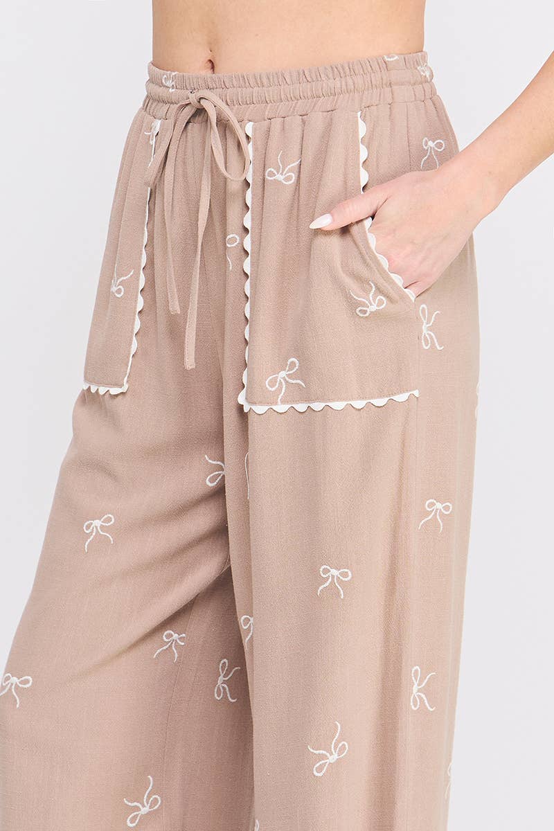 Allie Rose - Bow Embroidered Soft Linen Palazzo Pant