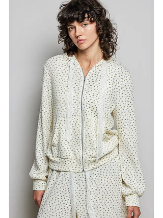 Pol - Lace Trim Loop Zip Up Floral Hoodie Jacket Top