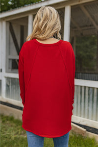 Curly Rib V Neck Long Sleeve Top