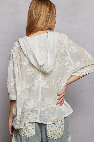 POL Embroidered Floral Hooded Button Top Off White – Effortless Boho Style