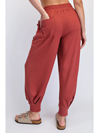 Rae Mode Waffle Knit Drawstring Jogger Pants Brick