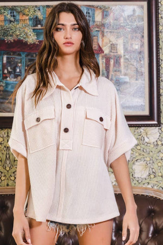 BUCKETLIST - Solid Textured Knit Collared Top