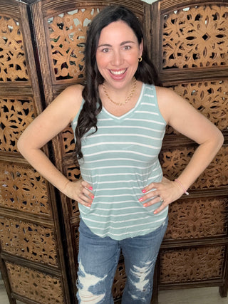Zenana White Striped Tank Top 2322ABS- Light Green