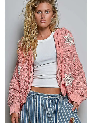 Pol - Floral Patch Rib Band Solid Chenille Sweater Hoodie Jacket