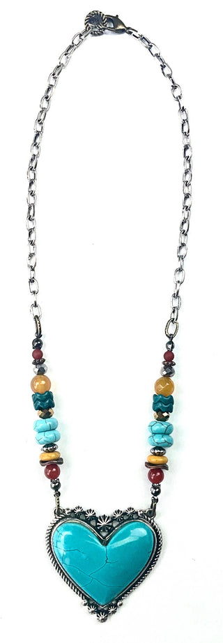 Lost & Found Trading - SE697 NK SHORT BEADED W/BEZELED TURQ HEART PENDANT