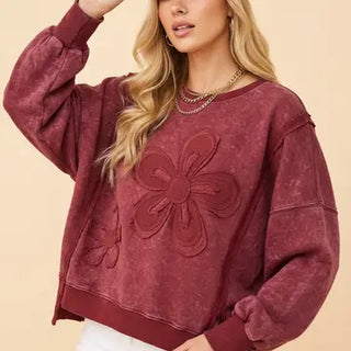 Heimish - Floral Applique Puff Sleeve Sweatshirt - Burgundy